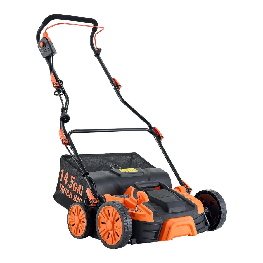 2-in-1 Electric Dethatcher And Scarifier, 16-Inch 15 Amp, Corded Lawn Dethatcher With 14.5-Gallon Thatch Collection Bag, 5-Position Depth Adjustment, Walk Behind Machine For Garden Yard Grass
