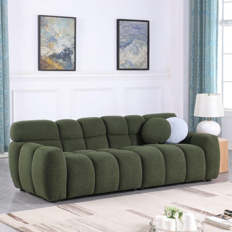 87.4 Length ,35.83inch Deepth ,human Body Structure For USA People, Marshmallow Sofa,boucle Sofa ,3 Seater, OLIVE GREEN BOUCLE