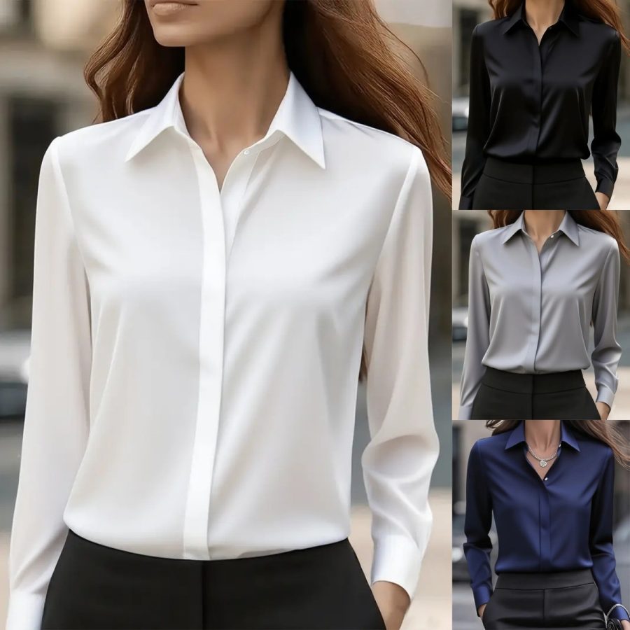 Independent Website Amazon Hot-Selling Autumn Solid Color Long-Sleeve Shirt With Turn-Down Collar Satin Women's Shirt Blouse