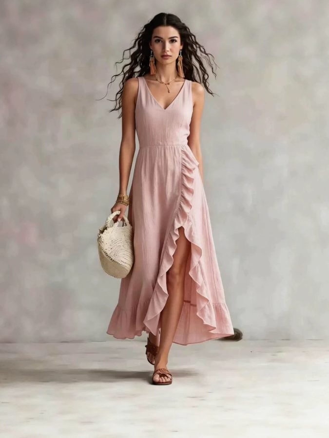 Bohemian V-neck Sleeveless Dress, Ruffled Split Maxi Skirt, Beach Vacation Casual Wear