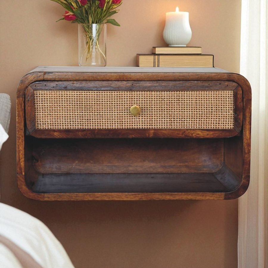 Solid Wood Chestnut Wall Mounted Open Woven Bedside, 1 Drawer, 1 Shelf, Dark Brown