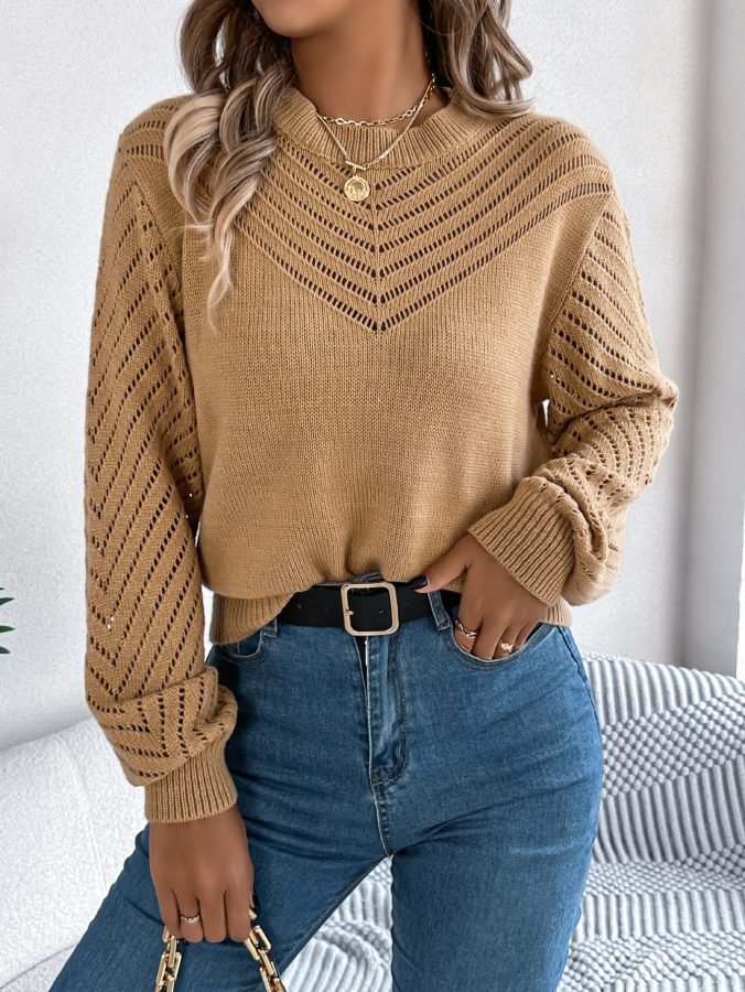 Women Casual Solid Color Crew Neck Hollow Out Lantern Sleeve Sweater