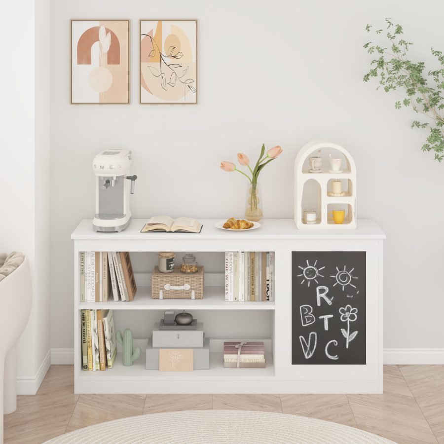 3-in-1 Kids Bookshelf And Toy Storage Cabinet With Chalkboard  Modern White Organizer For Playroom
