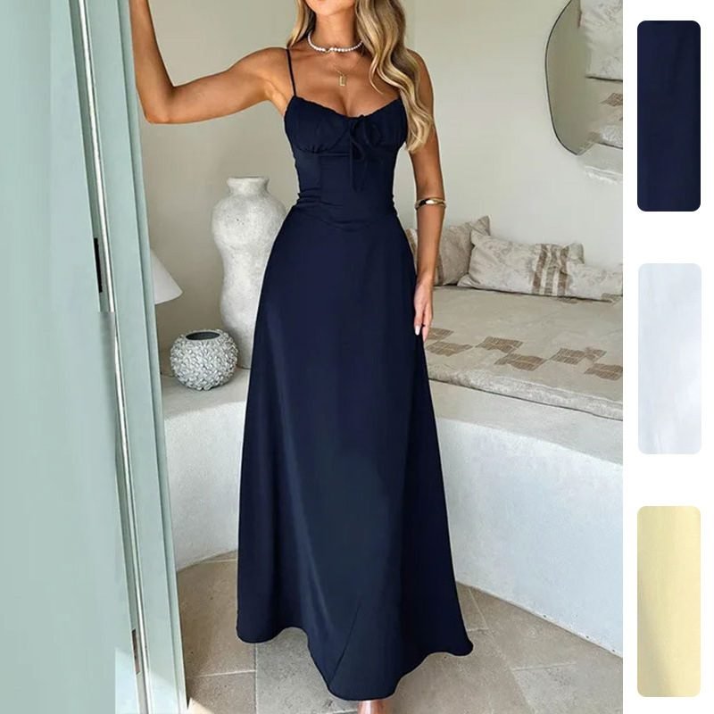 2026 New Summer Women's Clothing European And American Cross-Border Dress Tie-Waist A-Line Solid Color Slip Dress