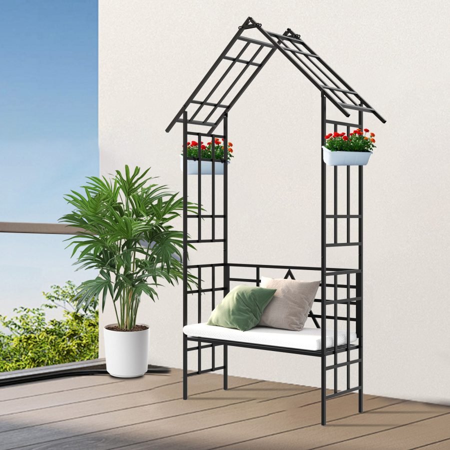 Metal Garden Arch With Bench Turned Into Flower Stand W58.07xH97.24 Climbing Plants Support Rose Arch Outdoor Black