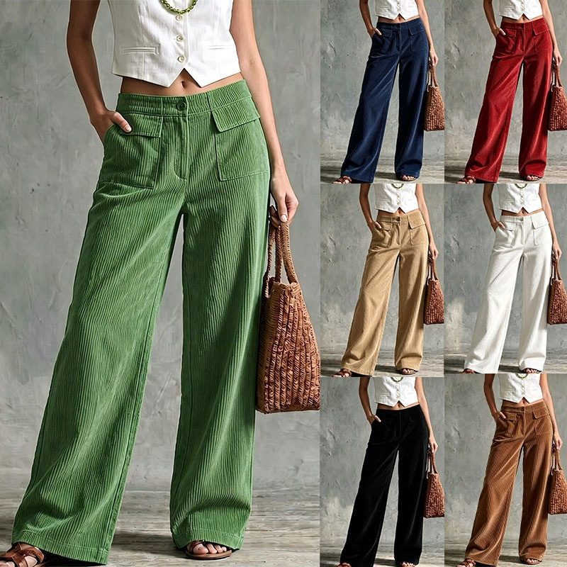 Women's Autumn And Winter Retro Corduroy Wide-Leg Pants, High-Waisted Double-Pocket Straight Pants, European And American Cross-Border Leisure Pants