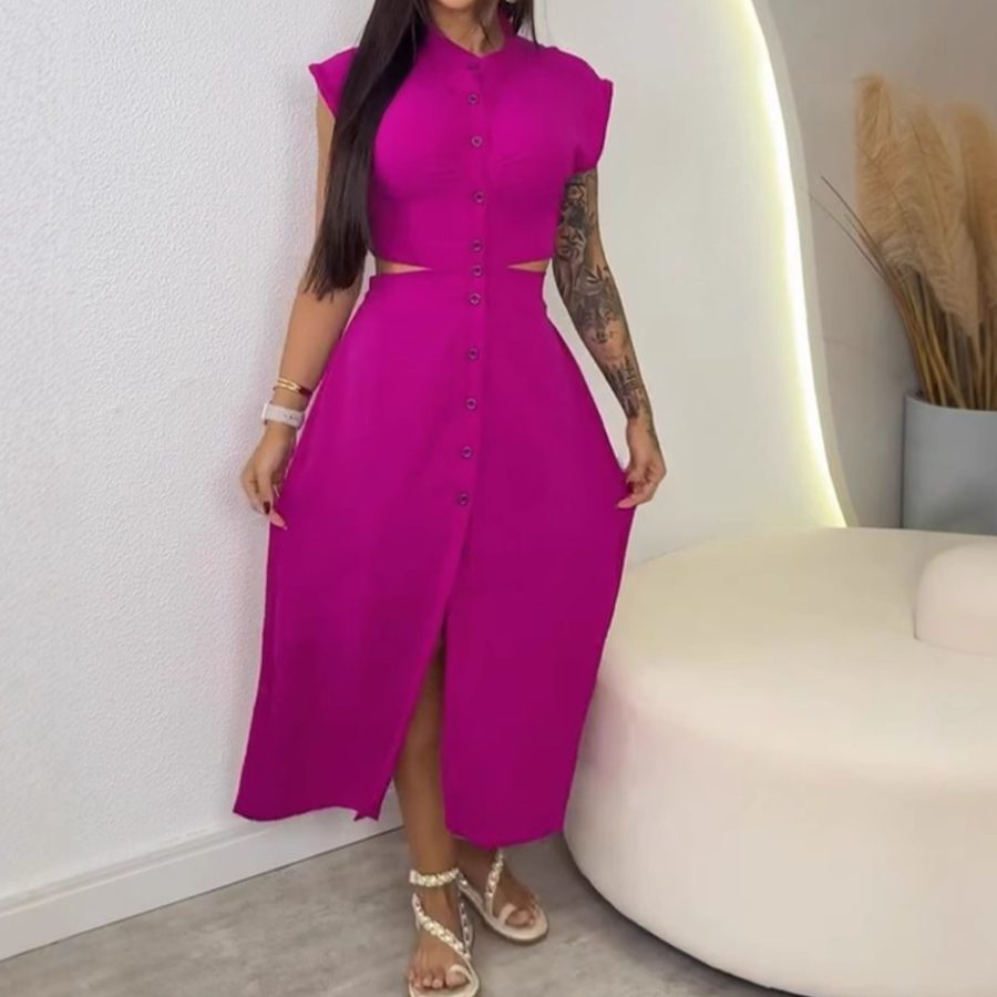 Women's Polyester Stand Collar Oversize Swing Skirt Dress