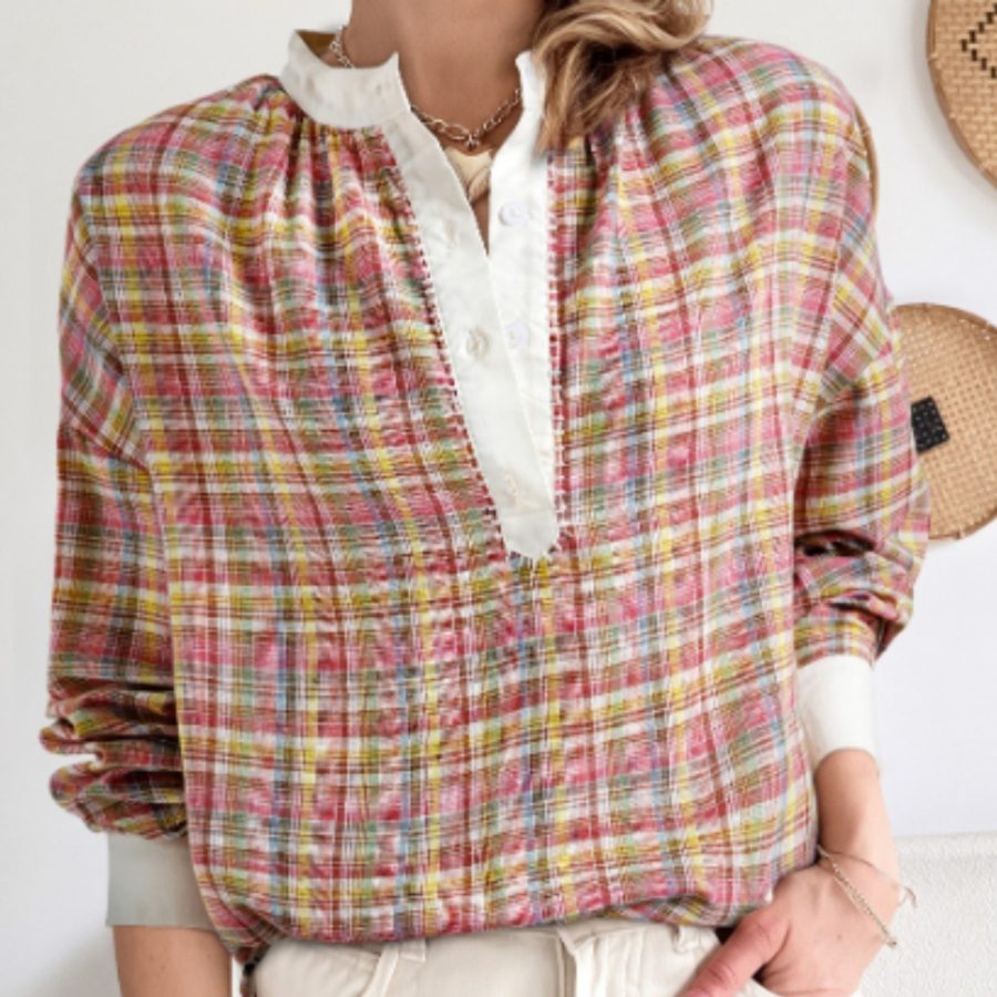 Colorblock Plaid Patchwork Henley Blouse