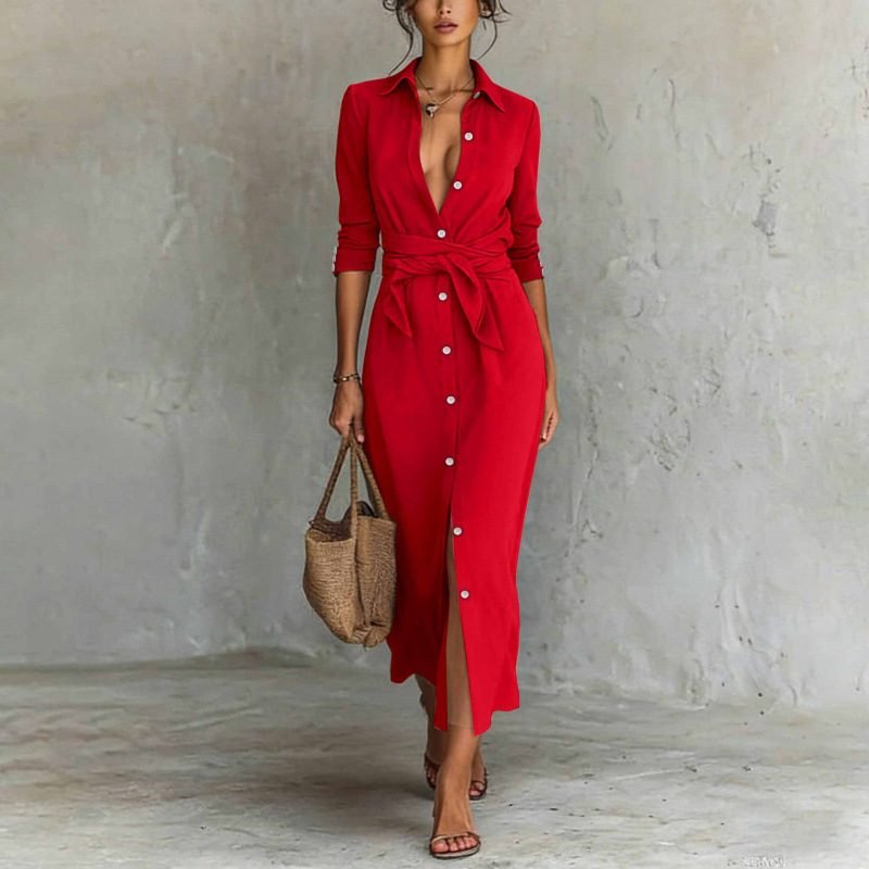 New European And American Cross-border Amazon Independent Site Long-sleeve Elegant Casual Tie-button Shirt Dress
