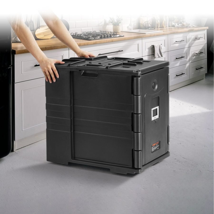 Insulated Food Pan Carrier, 82 Qt Hot Box For Catering, LLDPE Food Box Carrier W Double Buckles, Front Loading Food Warmer W Handles, Stackable End Loader For Restaurant, Canteen, Etc. Black