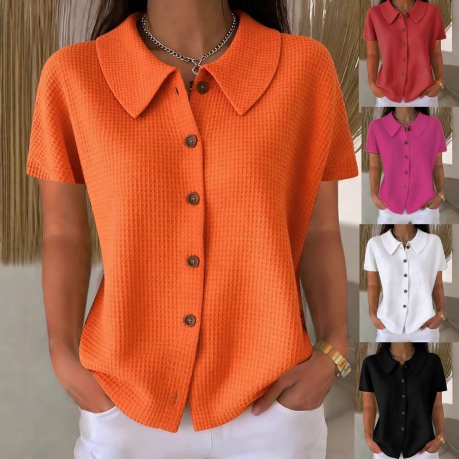 Turn-Down Collar Waffle Weave Solid Color Casual Loose Fit Short Sleeve Shirt - Women's Cotton Blend Lightweight Summer Top For Daily Wear