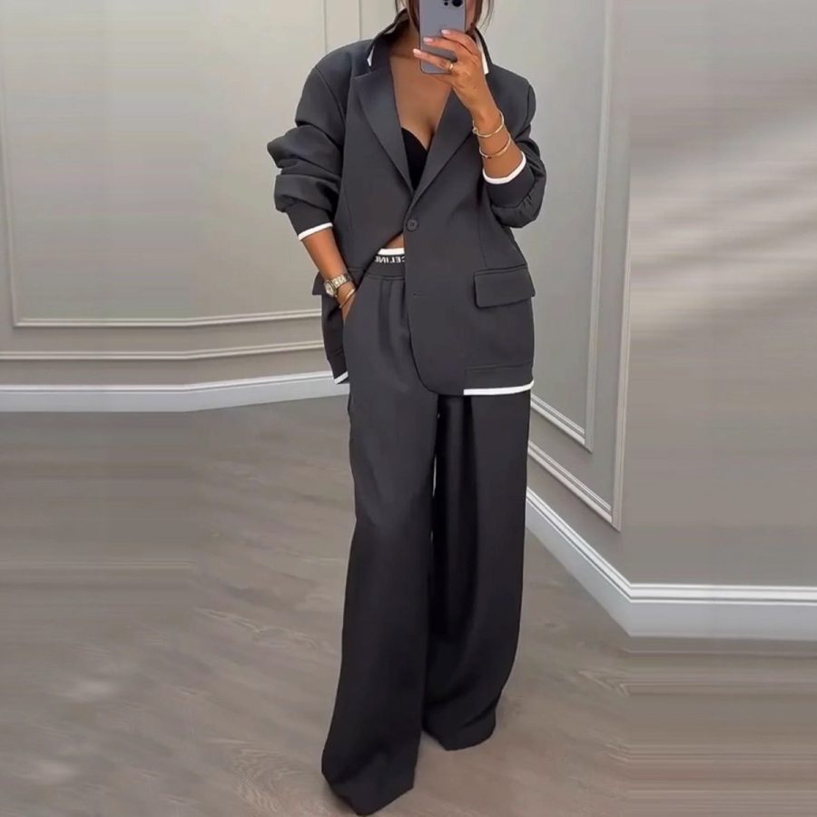 European And American Cross-Border 2026 Autumn And Winter New Women's Clothing Amazon Style Long-Sleeve Jacket Casual Wide-Leg Pants Suit Set