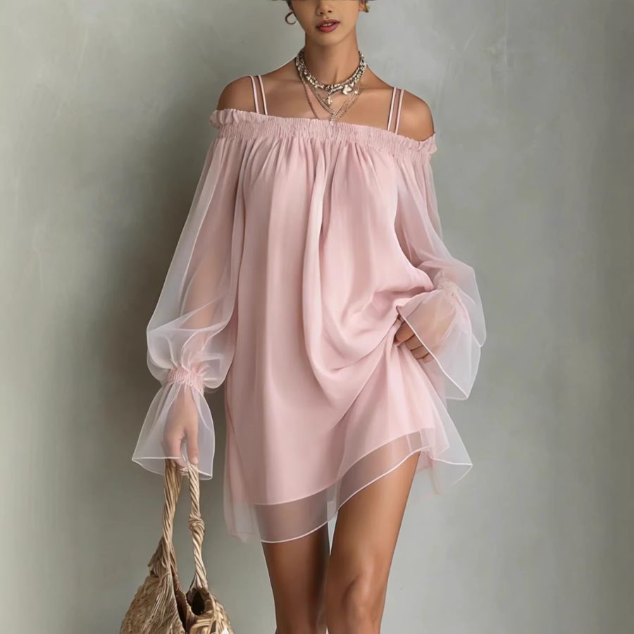 Sexy Sweet Double Strap Vestidos Off Shoulder Dress For Women Vestido Fairy Mini Loose Dresses Summer New Sheer Mesh Long Sleeve