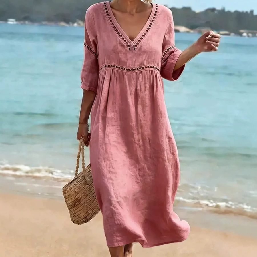 European And American Cross-Border Spring And Summer New Elegant Casual V-Neck Solid Color Mid-Sleeve Women's Dress