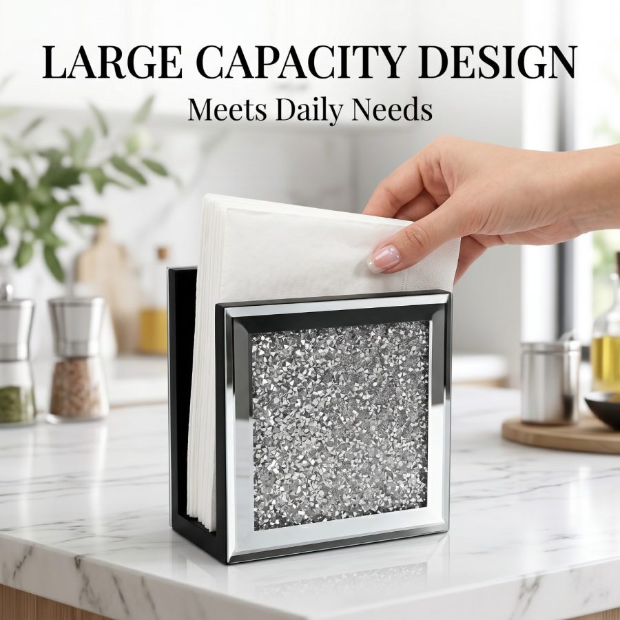 Crushed Diamond Mirrored Glass Napkin Holder, Silver Crystal Square Table Napkin Dispenser, Glass Tissue Holder For Kitchen Countertop Dining Table Home Decor