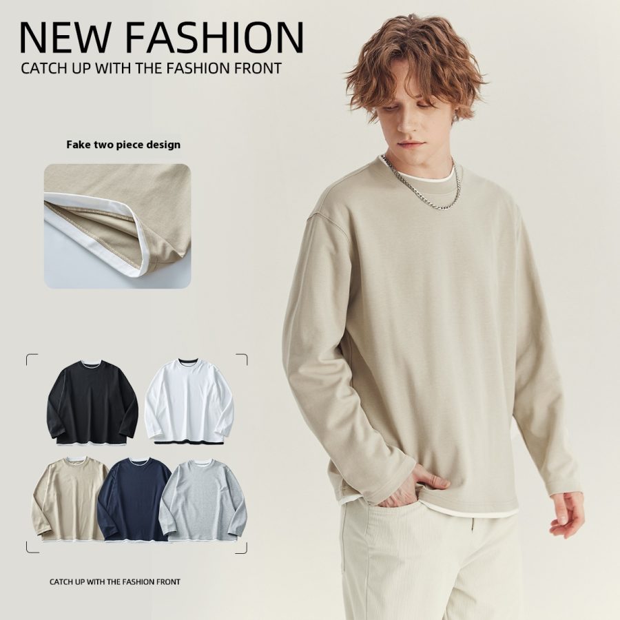 Men's Long-sleeved T-shirt Loose Round Neck Contrast Color Top