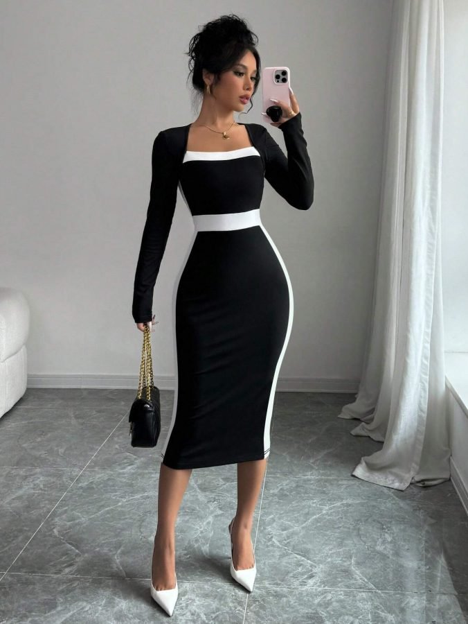 European And American Women's Fashionable And Elegant Slim-Fitting Square-Neck Long-Sleeved Hip-Hugging Splicing Dress