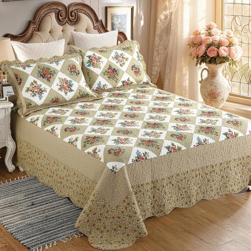 Cotton Reversible Quilt Bedspread Set Vintage Victorian Floral Patchwork Handmade Countryside Cottage Core 3-piece All Season Oversized Wide Drop Lightweight Bedding For Full Queen 90x98