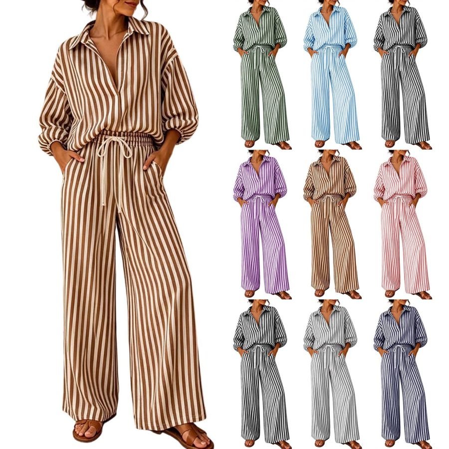 Summer New European And American Cross-Border Foreign Trade Supply Striped Three-Quarter Sleeve Collared Top And Straight-Leg Pants Women's Set