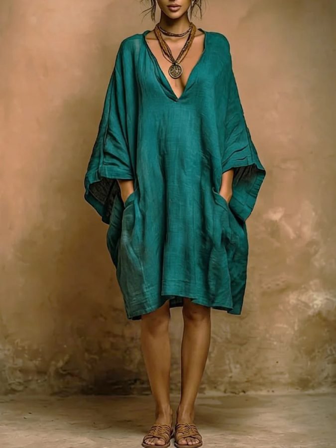 Cross-border Independent Site Amazon European And American Spring And Summer Casual Fashion Cotton-like Linen Batwing Dress Loose Dress