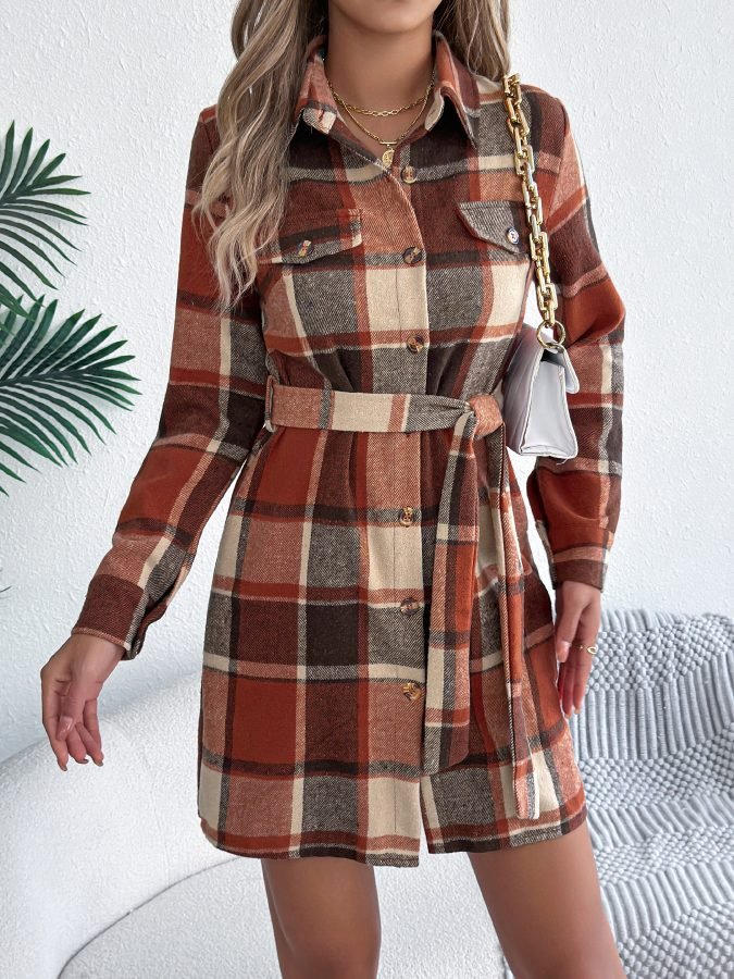Women's Casual Color-Blocked Plaid Fake Pocket Long Sleeve Tie-Waist Tweed Shirt Dress