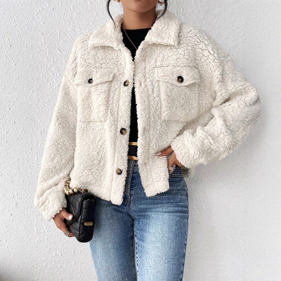 Women's Casual Polo Collar Plush Jacket Short