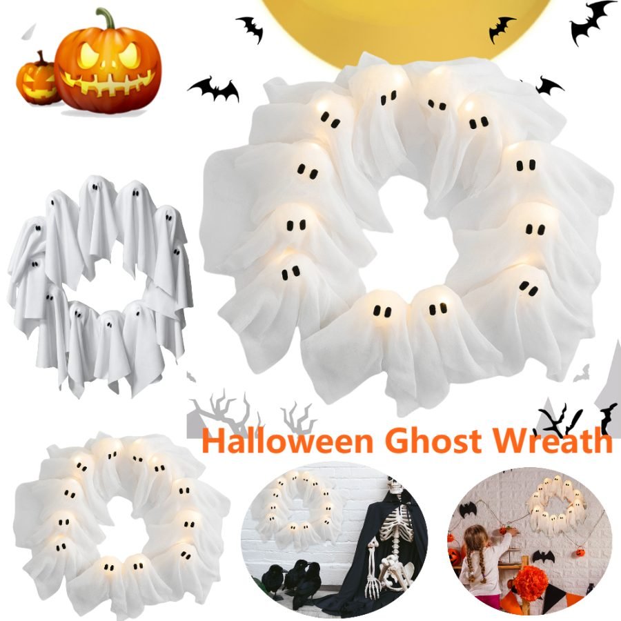 Halloween Decorations Ghost Wreath Cute Ghost Halloween Door Sign For Door Porch Wall Holiday Home Decor Glow Ghost Lights