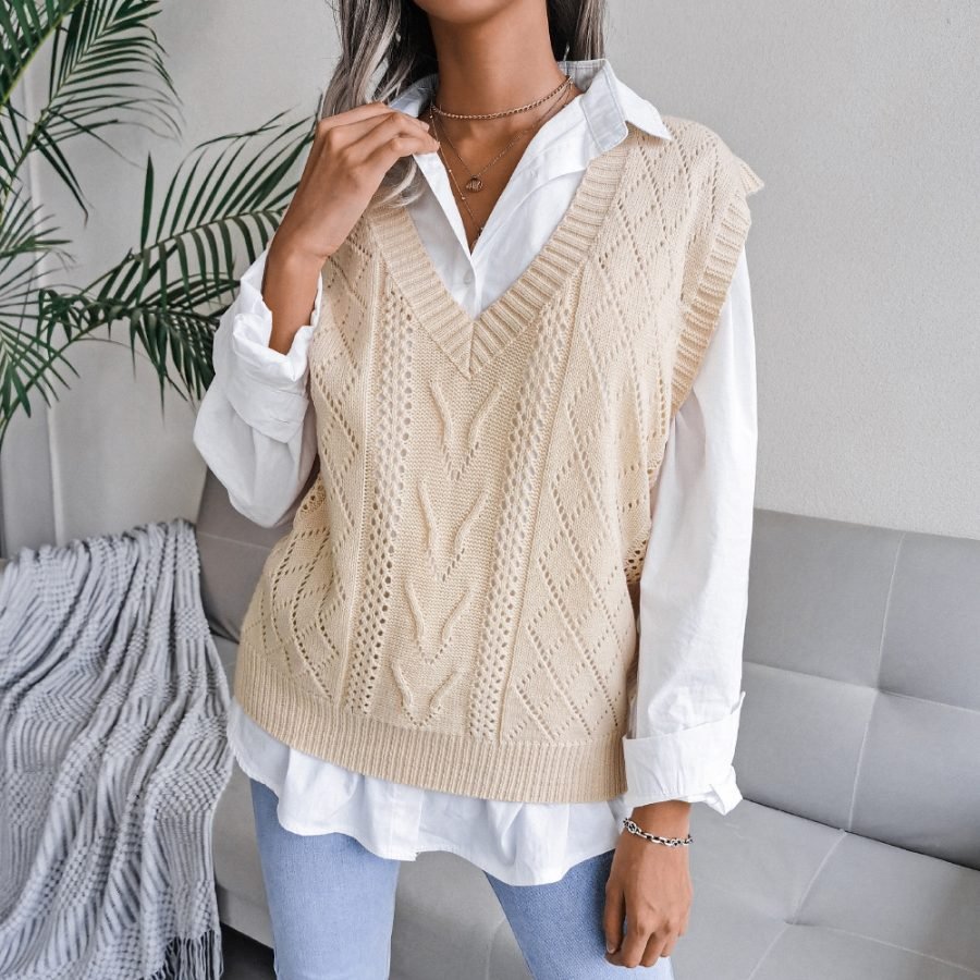European & American Hollow Out Cable Knit V-Neck Sleeveless Sweater