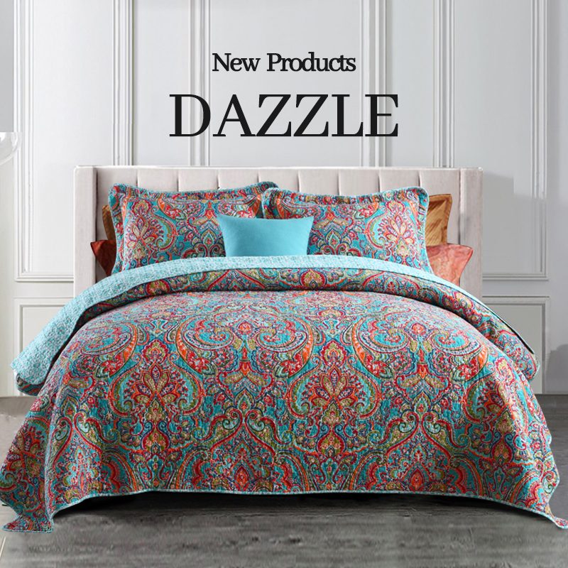 New Traditional Baroque Paisley Print Cotton Reversible Quilt Bedspread Set All Season Full Queen 90X98 & King 98X106 High Density Stitching Wrinkle-Resistant Breathable Soft Hotel Vivid Color Symphon
