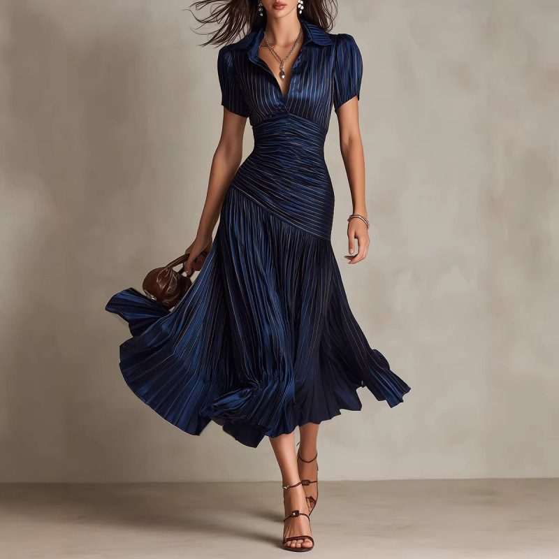 2026 European And American Cross-Border Amazon Independent Site Elegant Vacation Satin Striped Print Patchwork A-Line Dress