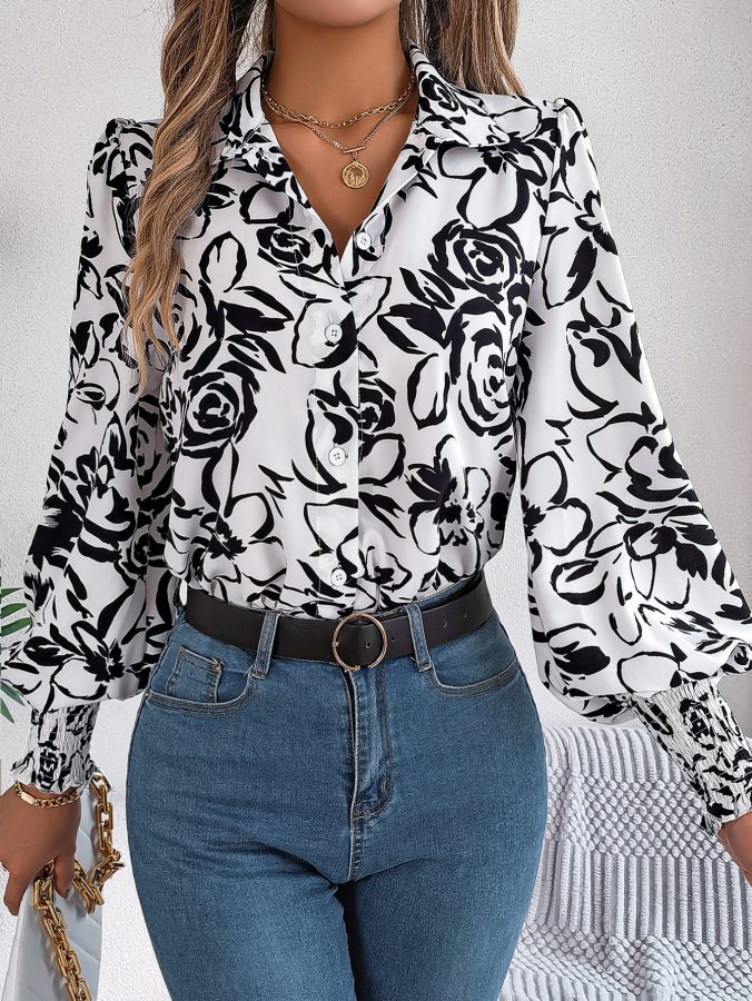 Women's Elegant Color-Blocked Floral Lantern Sleeve Lapel Shirt