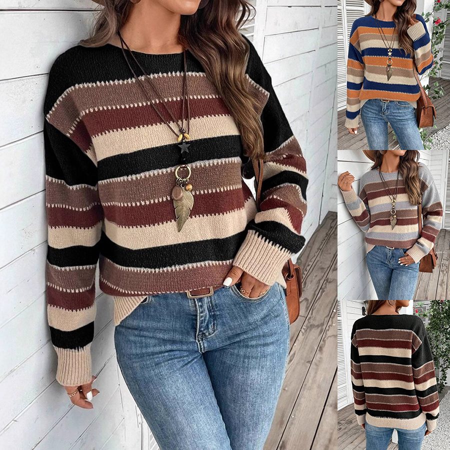 Ins Colorblock Striped Pullover Sweater Fashion Casual Long Sleeve Top Autumn And Winter Women's Clothing