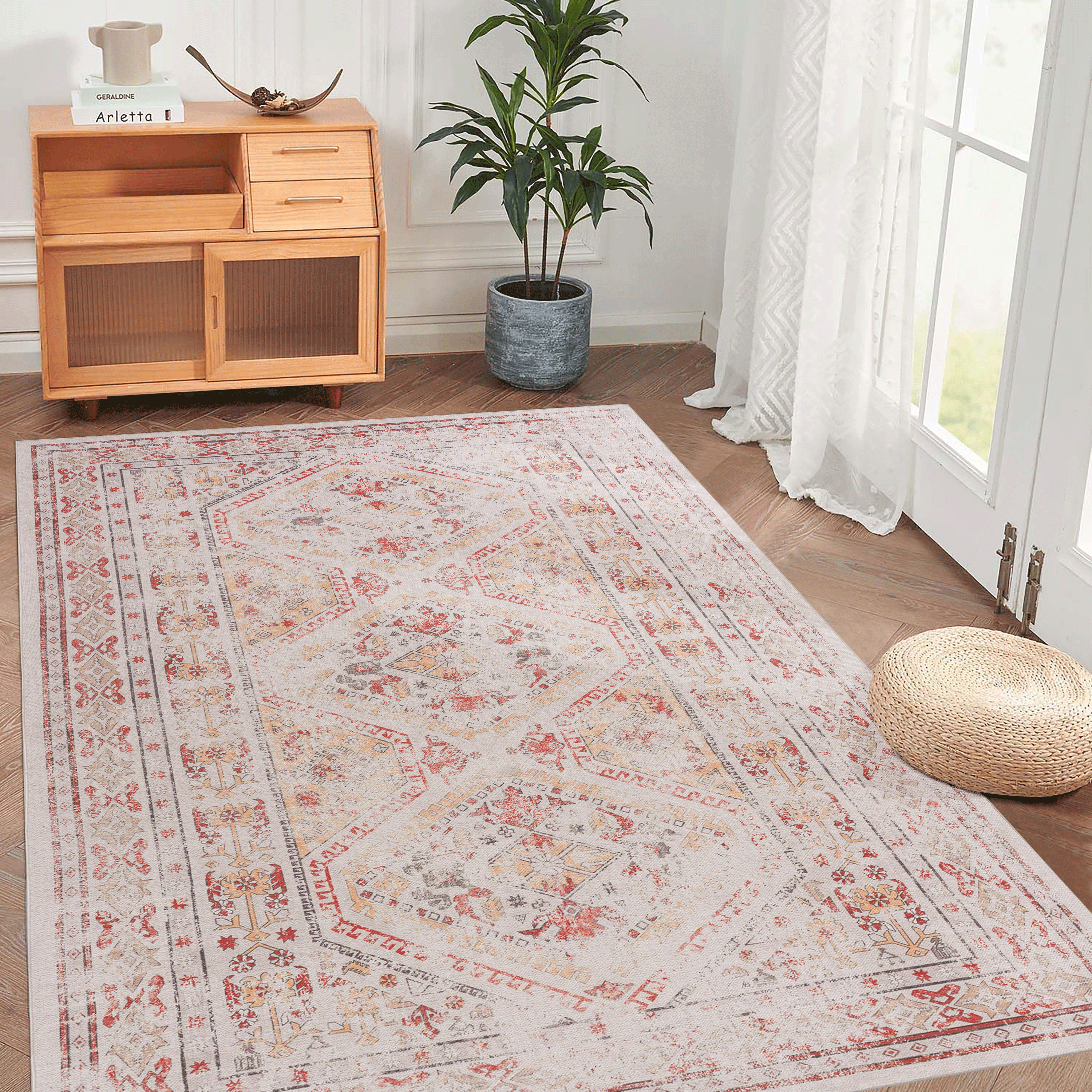 MAVAL Beige Washable Rug 6x9 Area Rug  Beige, 6' X 9'