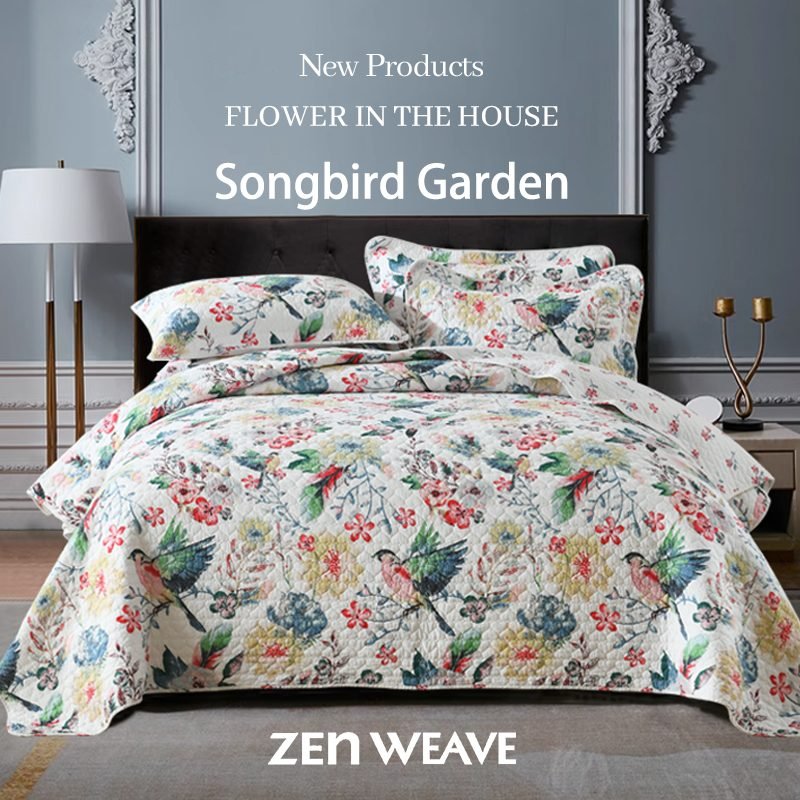Cotton Reversible Quilt Bedspread Set Watercolor Songbird Garden Floral Print Botanical Bird Of Paradise 3-piece All Season Lightweight Bedding Oversized Wide Drop For Full Queen 90x98 & King 98x106