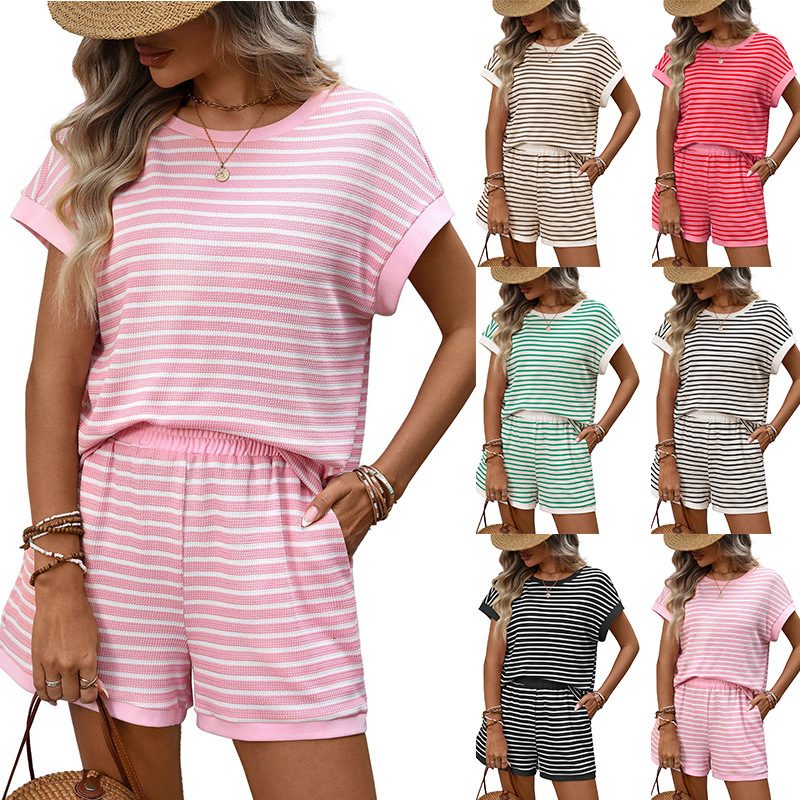 2026 Summer New European And American Women's Round Neck Spliced Short Sleeve Shorts Fashion And Casual Two Piece Set