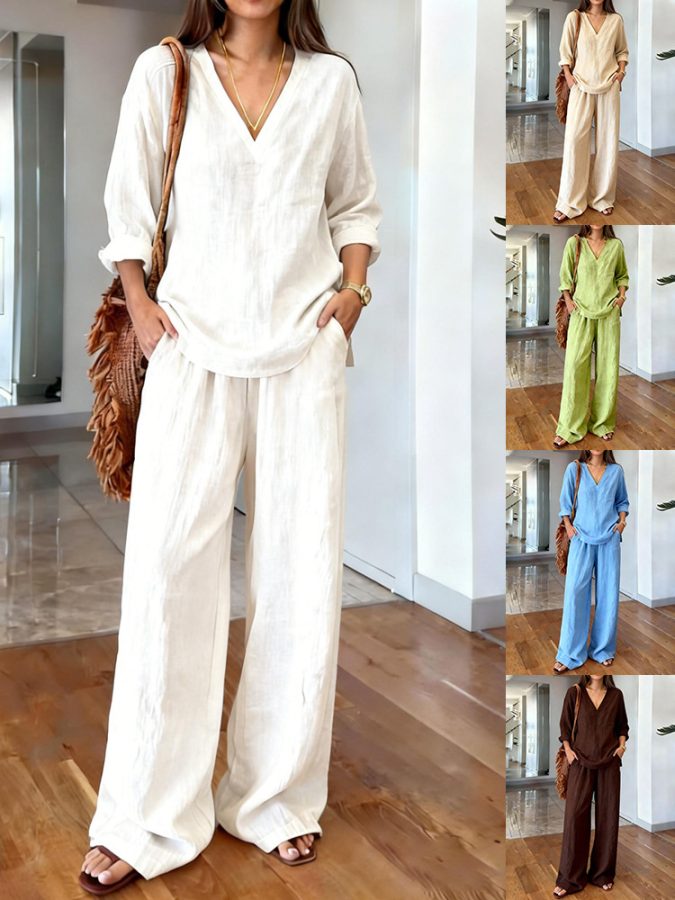 2026 New Style Women's Clothing  Casual V Neck Pullover Long Sleeve Extended Pants Washed Cotton Multi-color Women's
