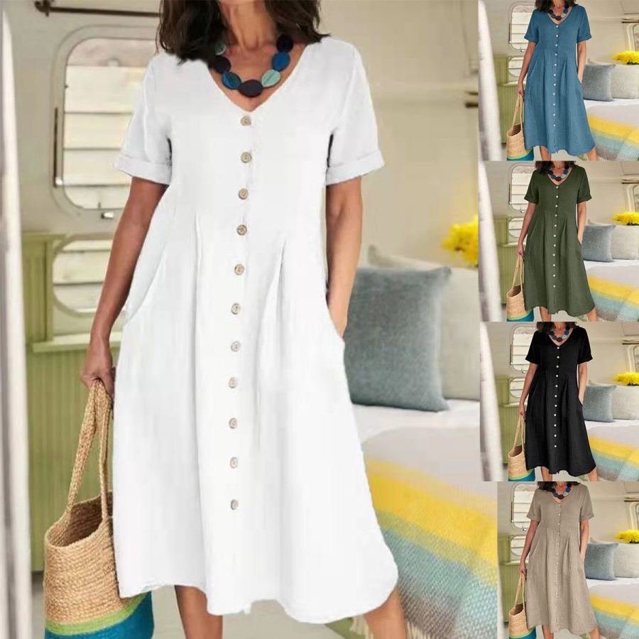 Women Cotton Linen Dress Solid Color High Waist Loose Casual Dress