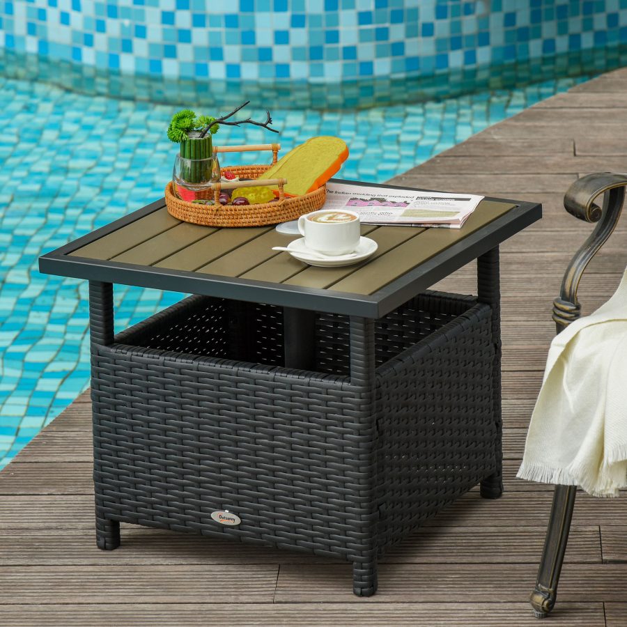 22 Steel PE Rattan Wicker Outdoor Patio Accent Table With Umbrella Hole Brown