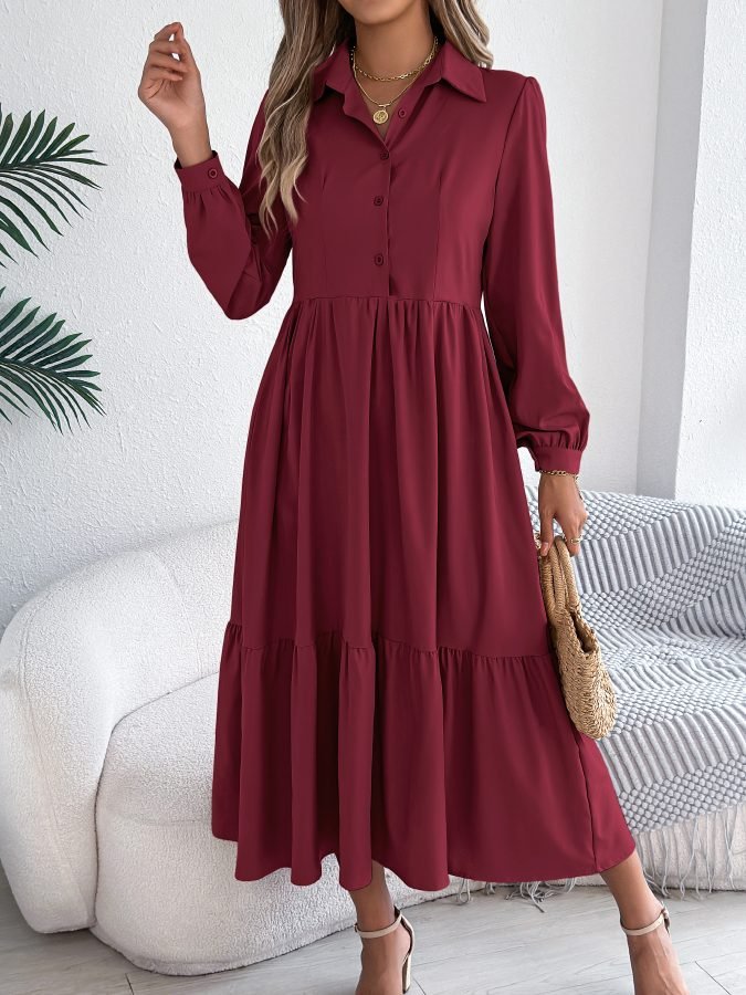 Lapel Casual Loose Long Sleeve Ruffled Blouse Dress