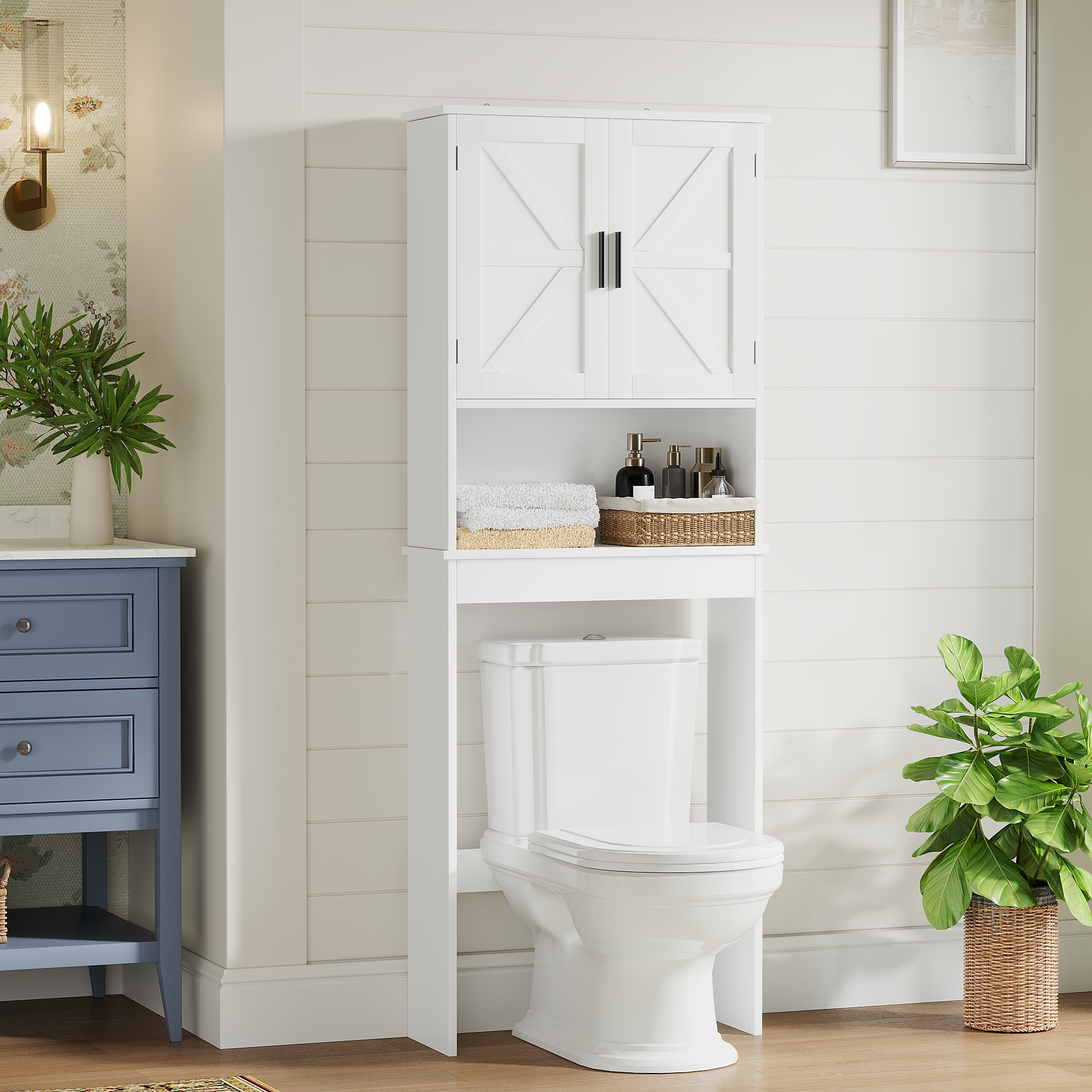 Over The Toilet Storage Cabinet With Adjustable Shelf, Bathroom Space Saver Organizer With Double Doors And Open Shelf, Freestanding Toilet Rack For Small Bathroom  White