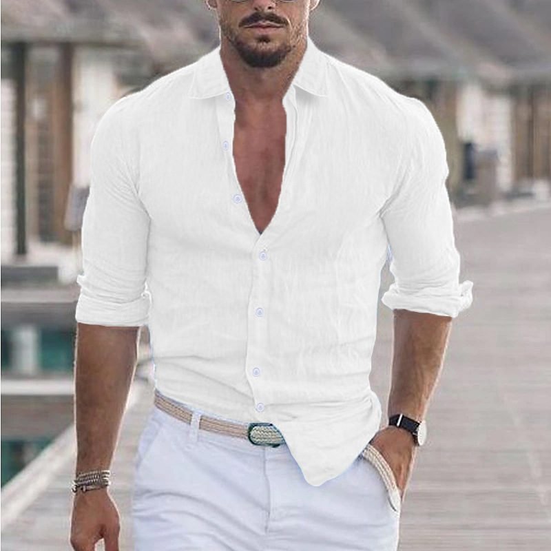 2026 New Men's Summer Cotton And Linen Lapel Beach Shirt Long-Sleeved Solid Color Hawaiian Holiday Clothing Loose Fit