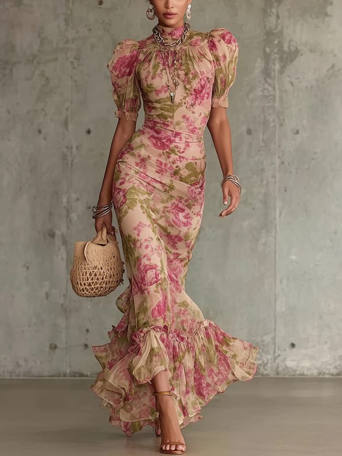 French-style Vintage Chiffon Dress, Summer High-neck Puff Sleeve, Waist-cinching, Slimming, Fishtail, Elegant, Ladylike, Vacation Long Dress