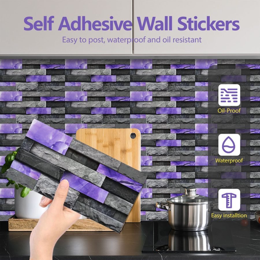 Peel And Stick Splash Proof Marble Wall Tiles, Waterproof And Oil Resistant, Purple Glossy Imitation Stone Wall Sticker