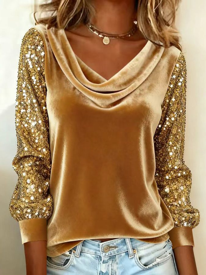 New European And American Cross-Border Fashion Women's Velvet Stacked Collar Sequin Patchwork Long-Sleeve T-Shirt Top