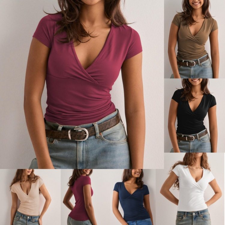 Amazon Cross-border Spring And Summer  Solid Color Slim V-neck Short Sleeve T-shirt Foreign Trade Cross-border European And American Top Women's Clothing