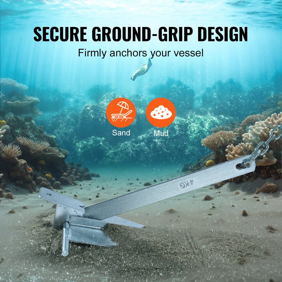 Fluke Style Anchor Kit, 8.5 LBS Hot-Dipped Galvanized Steel Fluke Anchor With 7.9 Chain, 75 Rope And Two 0.4 Shackles, Marine Boat Anchor For Small Vessels Under 18, Seas, Rivers And Shores