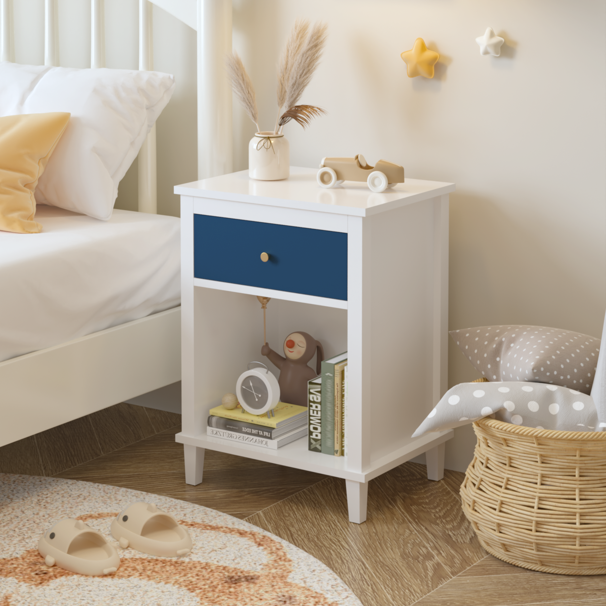 26.77'H Wooden Nightstand With One Drawer One Shelf For Kids, Adults, Navy Golden Handle