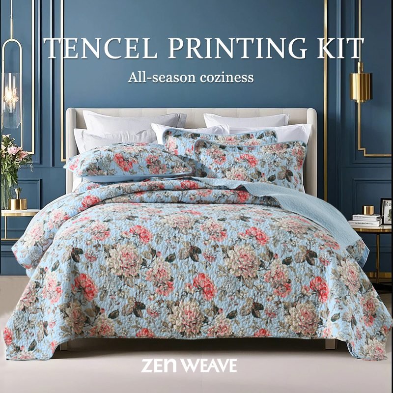 Cotton Reversible Quilt Bedspread Set Vintage Victorian Floral Toile Print Coral  Peony Blue Background Oil Painting Art 3-Piece All Season Reversible Lightweight Luxury Bedding For Full Queen
