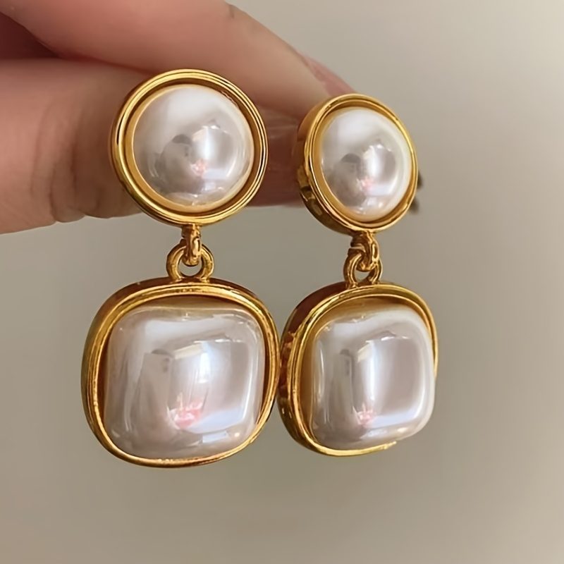 1 Pair Dangle Faux Pearl Geometric Inlaid Earrings, Minimalist & Classic Design, Elegant & Fashionable, Perfect For Women's Banquets & Parties