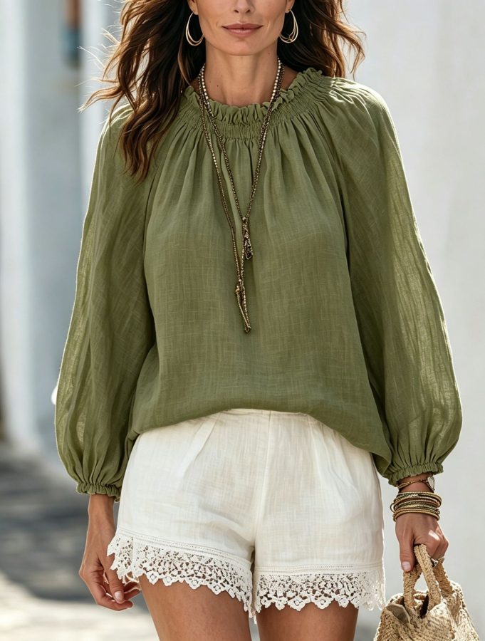 Spring And Autumn Fashion New European And American Style Loose Lantern Sleeve Solid Color Shirt For Women Casual Vacation Style Versatile Top